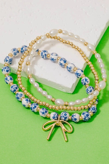 Bow Charm Blue Floral Ceramic Beaded Bracelet Set