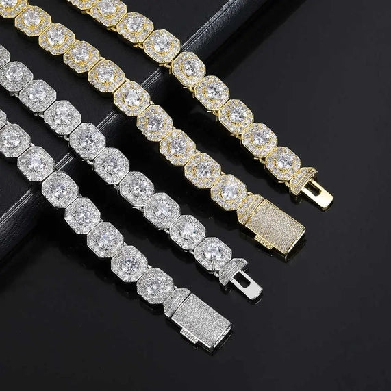 10mm 18k Gold Diamond Clustered Tennis Chain