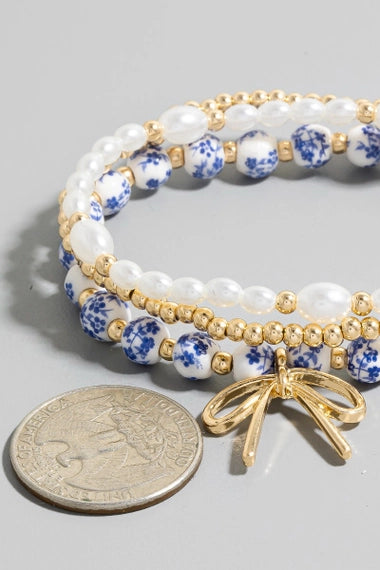 Bow Charm Blue Floral Ceramic Beaded Bracelet Set