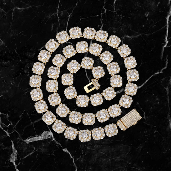 10mm 18k Gold Diamond Clustered Tennis Chain